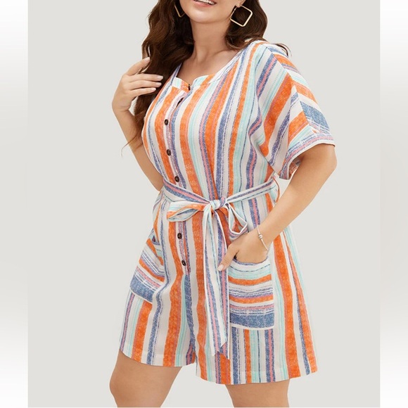 BloomChic Plus Size Striped Contrast Dolman Sleeve Button Up Pocket Belt Romper - Picture 3 of 8
